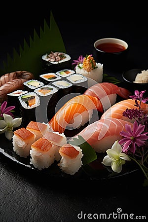 Sushi platter, featuring a variety of fresh fish, sushi rolls, and elegant garnishes, presented on a sleek, modern plate. Stock Photo