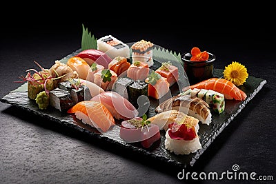 Sushi platter, featuring a variety of fresh fish, sushi rolls, and elegant garnishes, presented on a sleek, modern plate. Stock Photo