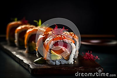 Sushi Platter with Fresh Seafood Creations served with wasabi and soy sauce. Japanese cuisine. AI generated. Stock Photo
