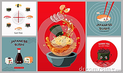 Sushi poster. Cartoon banners with Japanese cuisine dishes. Rice with seafood, vegetables and sauces. Ramen soup or Vector Illustration