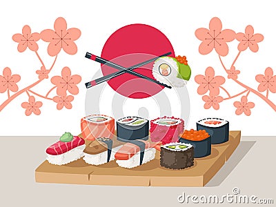 Sushi restaurant serving, vector illustration. Asian food menu cover, sushi delivery advertisement booklet, Japanese Vector Illustration