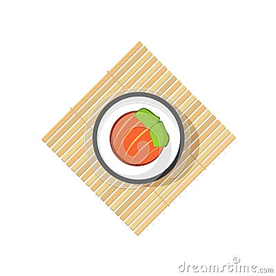 Sushi roll with abstract vegetables, salmon ingredients, rolling wooden mat Vector Illustration