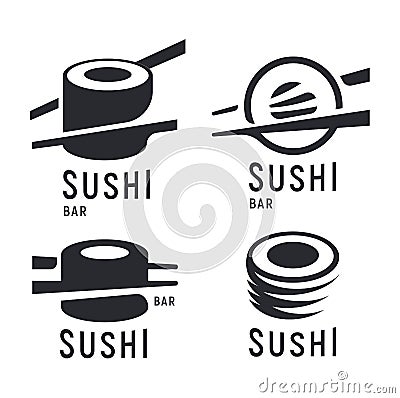 Sushi and roll with chopsticks on white background, black vector logo template. Monochrome japanese cuisine icons set. Vector Illustration