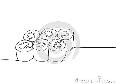 Sushi roll, Hosomaki, maki one line art. Continuous line drawing of sushi, japanese, food, roll, culture, tasty Cartoon Illustration