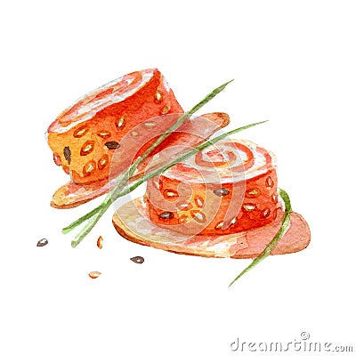 Sushi roll illustration. Hand drawn watercolor on white background. Cartoon Illustration