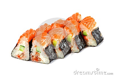 Sushi Roll - Maki Sushi made of Smoked Eel, Avocado, Cucumber, Cream Cheese and Tamago, isolated on white background Stock Photo