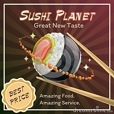 Sushi roll planet poster design. Japan food restaurant promotion concept. Vector Illustration