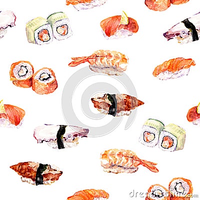 Sushi, roll repeat seamless food pattern. Watercolor Stock Photo