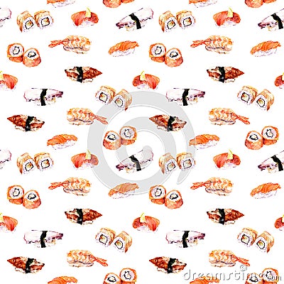 Sushi, roll repeated pattern. Watercolor sea food Stock Photo