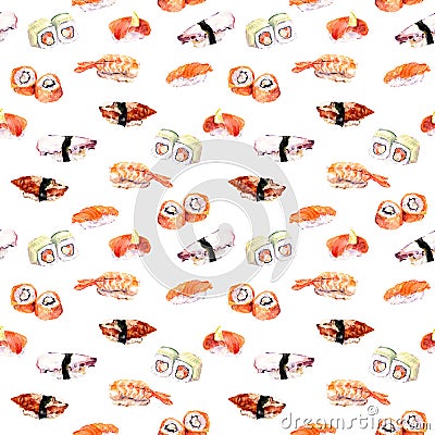 Sushi, roll repeating seamless seafood pattern. Watercolor Stock Photo