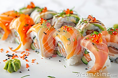 Sushi rolls on light background. Fresh and tasty sushi rolls, Japanese cuisine, traditional delicious Japanese dish. Sushi, rolls Stock Photo
