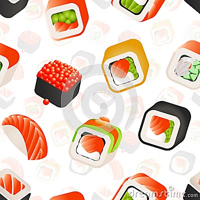 Sushi and rolls seamless pattern, Japanese food vector colorful backround illustration. Wrapping template. Vector Illustration