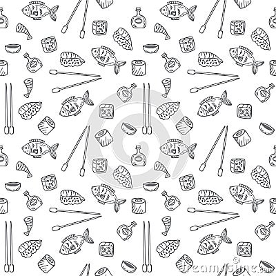 Sushi and rolls seamless pattern. Sushi texture. Hand drawn sketch Japanese food seamless background Vector Illustration