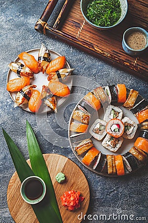 Sushi and rolls sets. Japonese food. top view Stock Photo