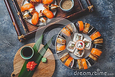 Sushi and rolls sets. Japonese food. top view Stock Photo