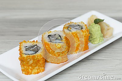 Sushi rolls with shrimps eggs and seaweed Stock Photo