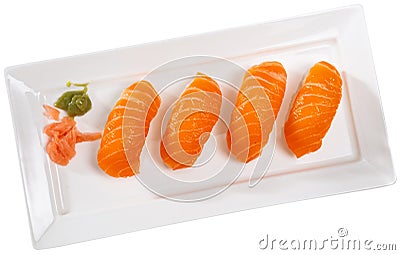 Sushi sake nigiri with salmon served on platter Stock Photo