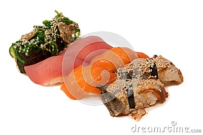 Sushi with salmon, eel, tuna, hiyashi wakame, sesame isolated Stock Photo