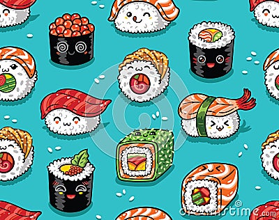 Sushi and sashimi seamless pattern in kawaii style. Vector illustration Vector Illustration