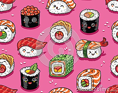 Sushi and sashimi seamless pattern in kawaii style. Vector illustration Vector Illustration