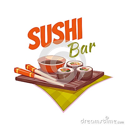 Sushi with sauce and chopstick on plate. Vector Vector Illustration