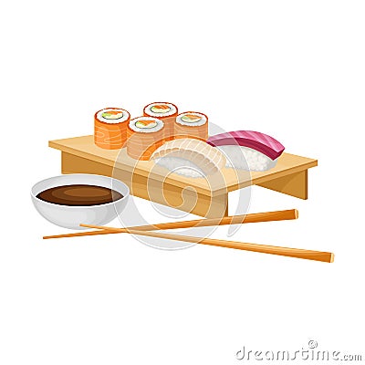 Sushi Served on Wooden Board with Soy Sauce and Chopsticks Vector Illustration Vector Illustration