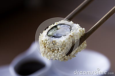 Sushi with sesame seeds and fish close-up Stock Photo