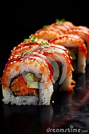 Sushi set on a black background. Sushi rolls with salmon, avocado, cucumber, cream cheese and sauce Stock Photo