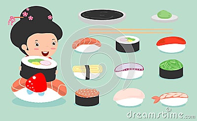 Sushi set, cute japanese Girl in kimono holding with sushi, cute sushi set, Japanese food, sushi icons,Girl with Sushi Vector Illustration