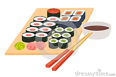 Sushi set.Japanese seafood vector.Asian restaurant food on table. Vector Illustration