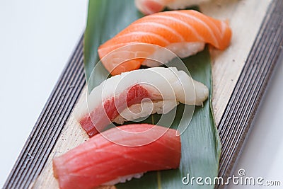 Sushi Set : Maguro Bluefin Tuna, Hamachi Yellowtail, Salmon. Stock Photo