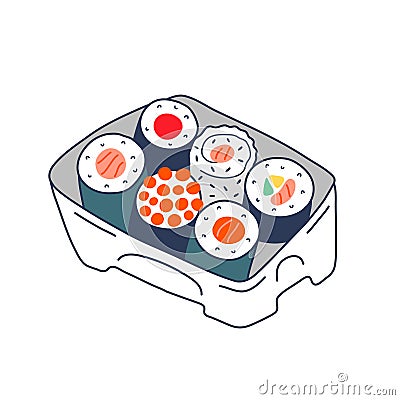 Sushi set in plastic box container for delivery service, various sushi rolls, california, philadelphia and maki with Vector Illustration