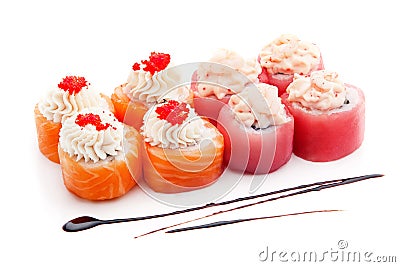 Sushi set with salmon, tuna, caviar and cream isolated on white background Stock Photo