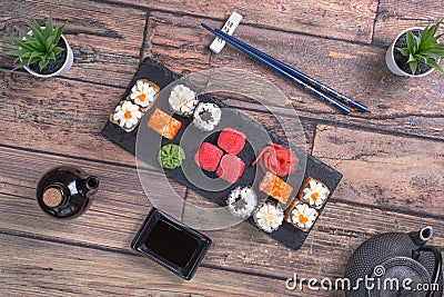 Sushi Set sashimi and sushi rolls served Stock Photo