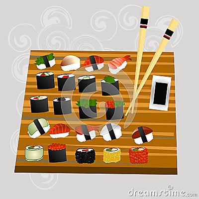 Sushi set, sea food , maki and rolls japanes Vector Illustration