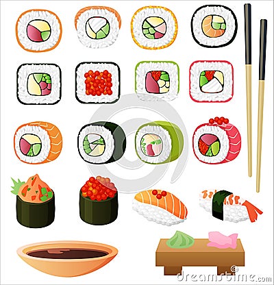 Sushi set with soy sauce and chopsticks. Vector illustration. Vector Illustration