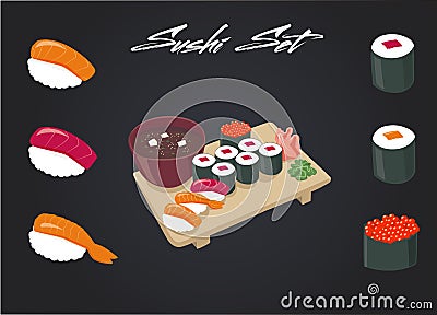 Sushi set. Soy sauce and sushi roll. Japanese food. Vector cartoon. friends forever. Vector Illustration