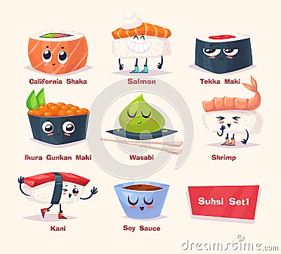 Sushi set. Soy sauce and sushi roll. Japanese food Vector Illustration