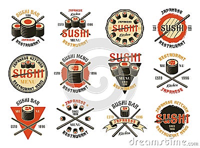 Sushi twelve colored vector emblems Vector Illustration