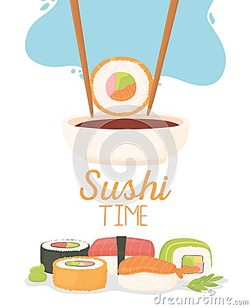 sushi time, chopstick with roll in soy sauce and dishes nigiri, temaki, tamago, sashimi Vector Illustration