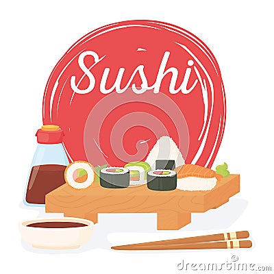 sushi time, rolls sauce japanese traditional cuisine poster Vector Illustration