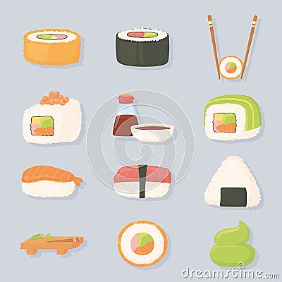 sushi time sauce trout fish, tuna, salmon and caviar Vector Illustration