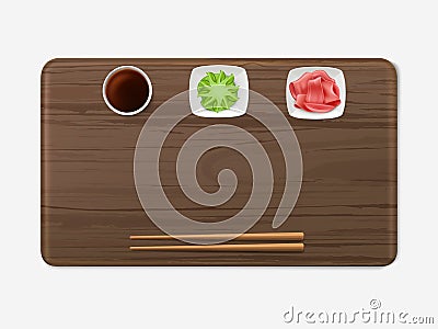 Sushi tray with condiments set japanese cuisine Vector Illustration