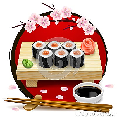 Sushi on wooden tray. Red symbol of Japan and sakura. Chopsticks, wasabi, soy sauce, ginger. Vector clip art illustration Vector Illustration