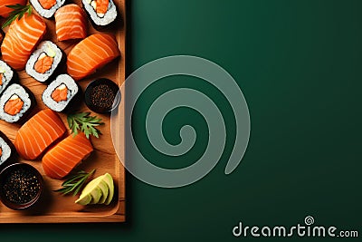 Sushi on a wooden tray with salmon, avocado, and other ingredients, AI Stock Photo