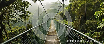 Suspended Above The Treetops Crossing A Jungle Canopy Bridge Stock Photo