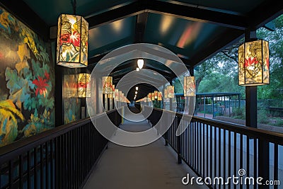 suspended walkway, with murals and lighted lanterns Stock Photo