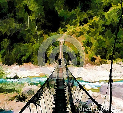 Suspension bridge and mountain river. Dangerous trekking path digital illustration Cartoon Illustration