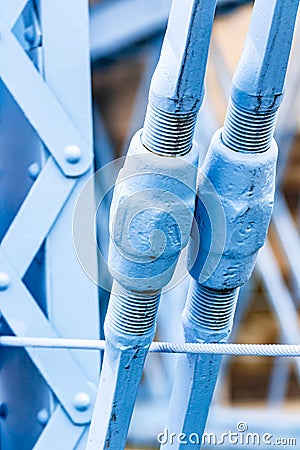 Suspension bridge ties bolts cross walk and lights perspective industrial photography urban exploration Cincinnati Stock Photo