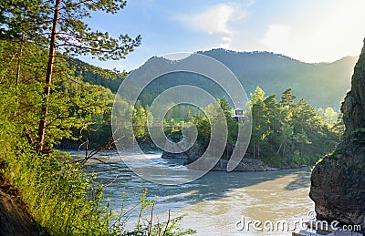 Suspension Bridge to Island of Patmos. Chemal, Altai Republic, Russia Stock Photo